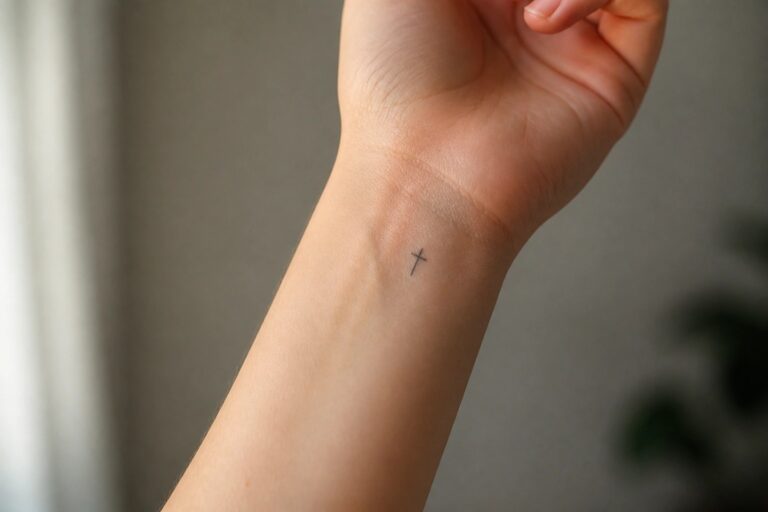 19 Unique Small Christian Cross Tattoos Perfect for First Ink Small black cross tattoo on the inner wrist of a light-skinned arm