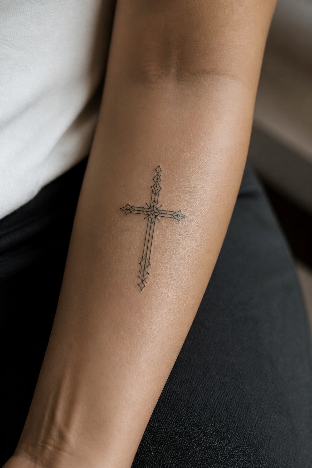 Fine line Christian cross tattoo with geometric accents on the inner forearm