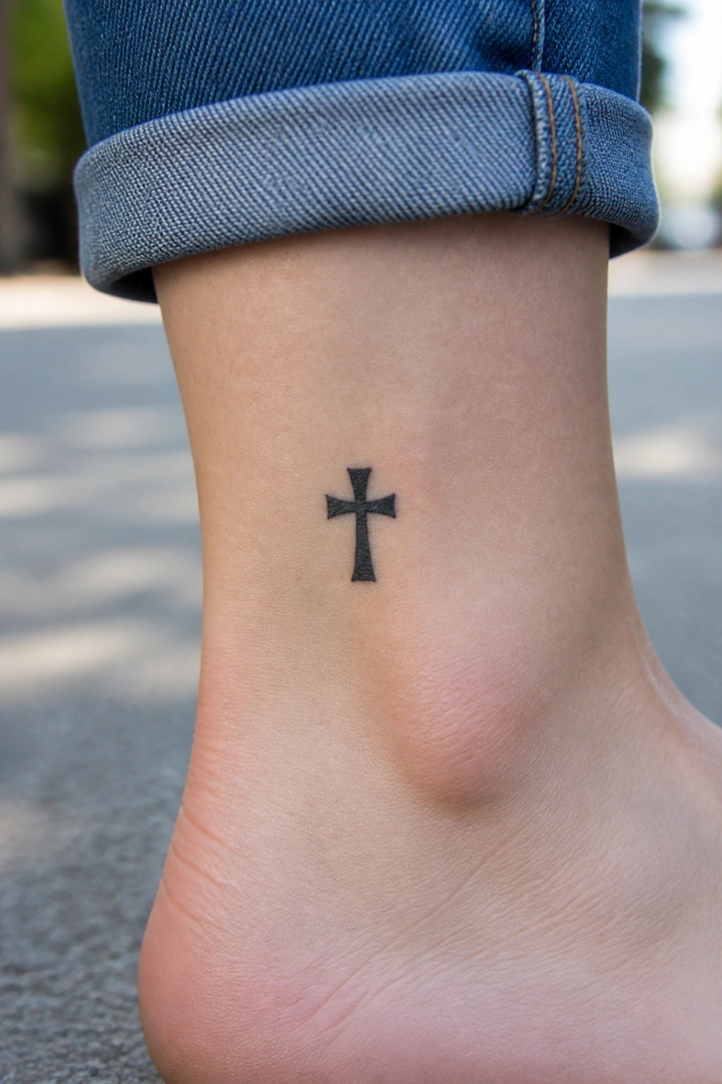 Small black cross tattoo on ankle below rolled blue jeans cuff