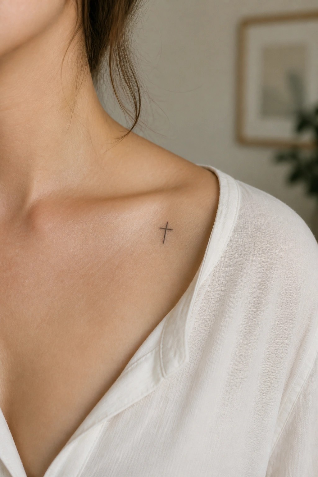 Tiny black cross tattoo on collarbone above loose white shirt neckline.
