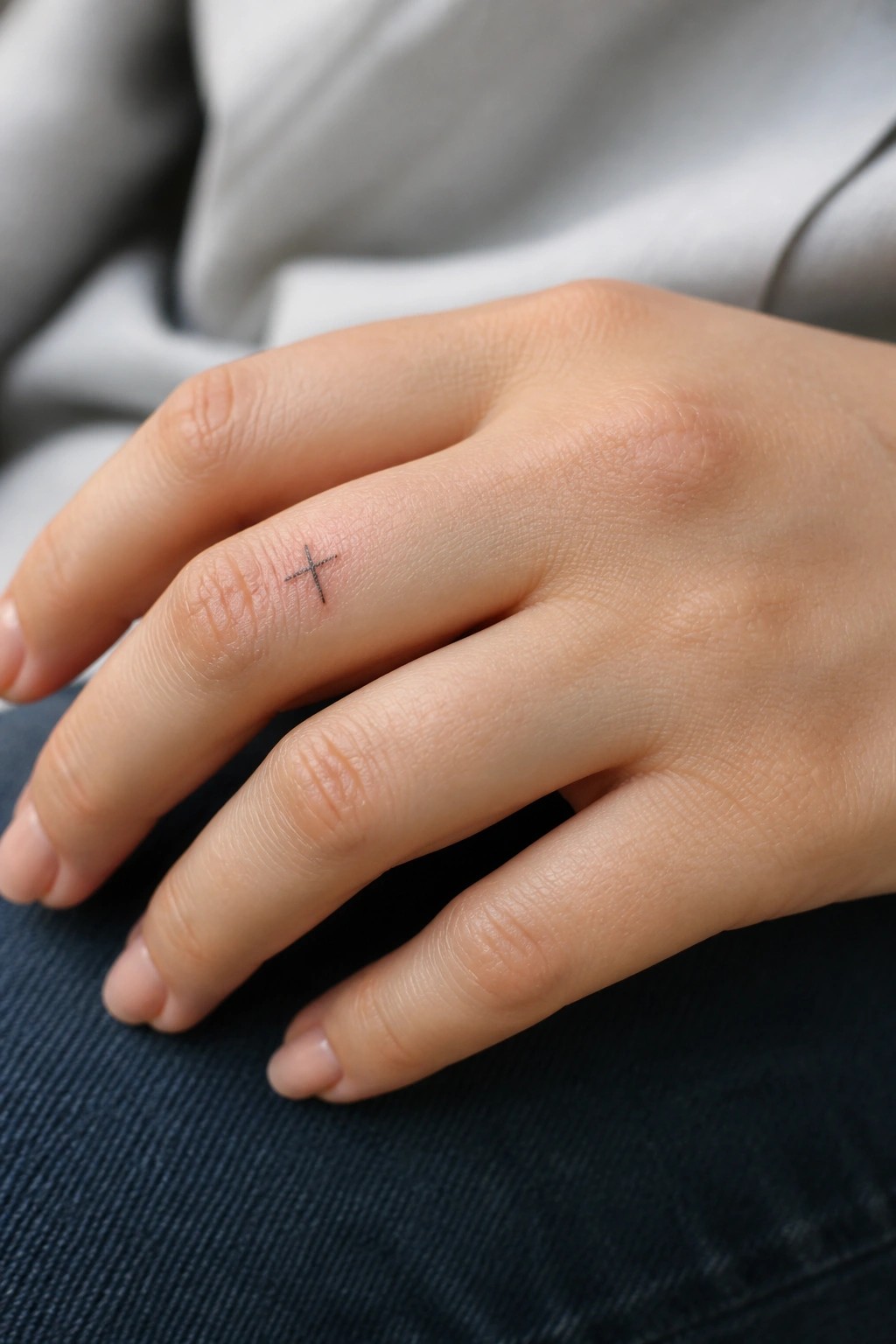 Hand with small cross tattoo on ring finger resting on blue denim fabric.