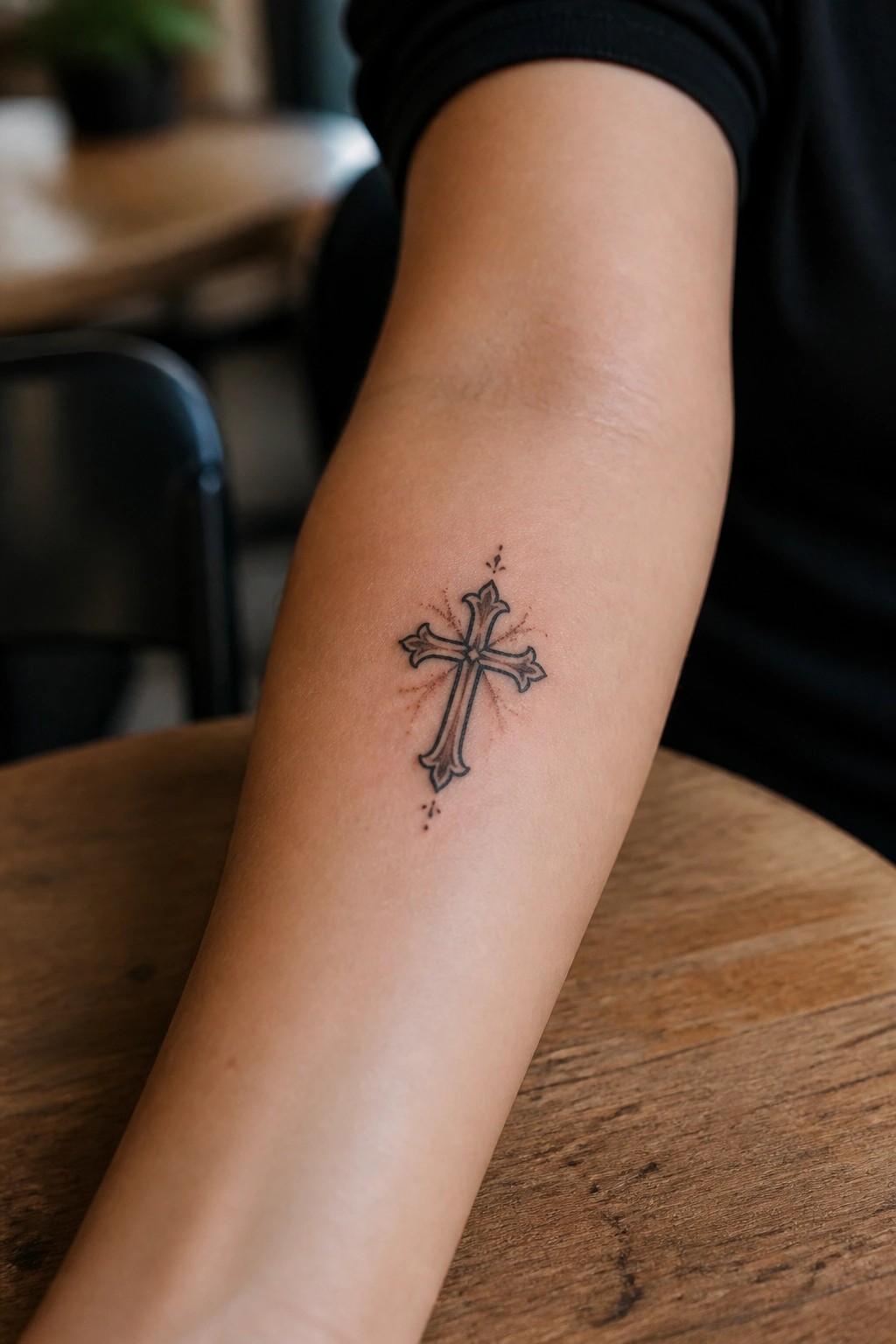 Small Christian cross tattoo on the inner forearm with fine lines and light shading