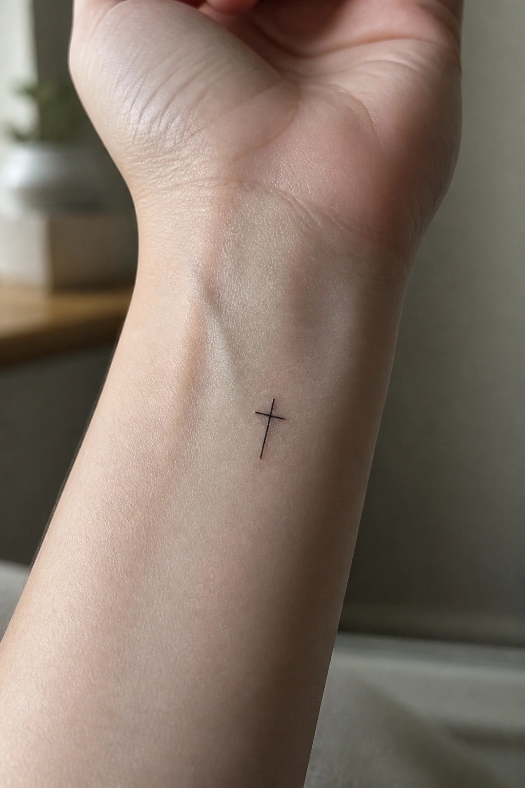 Small black cross tattoo on the inner wrist of a light-skinned arm