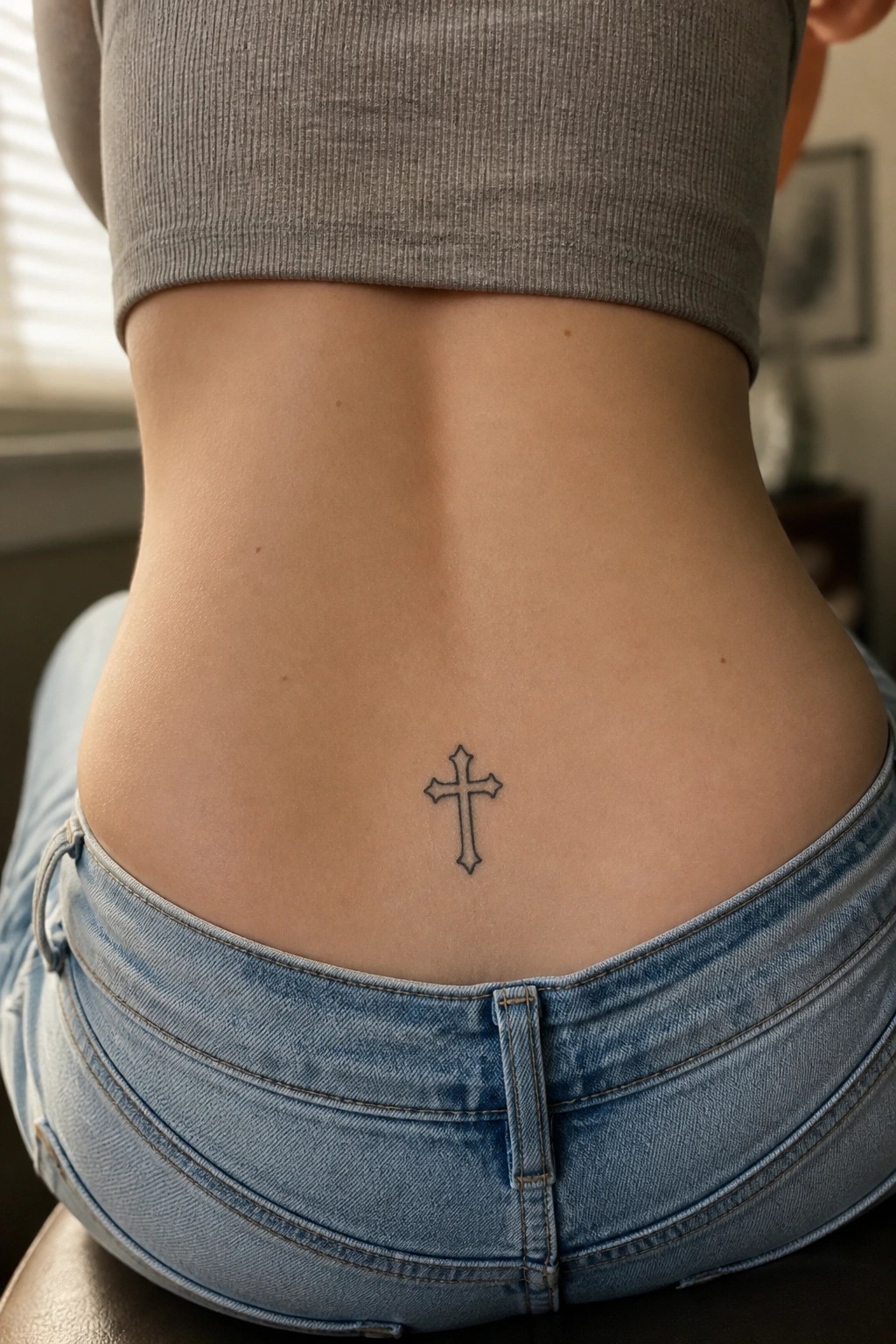 Small cross tattoo on lower back above light blue jeans and gray top