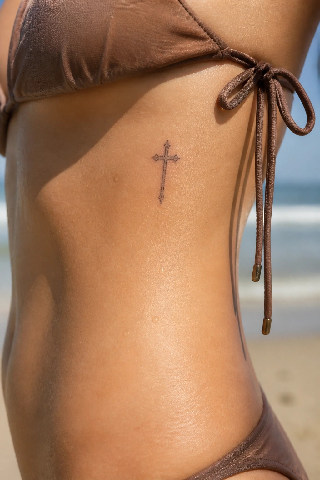 Tanned torso with small cross tattoo and water droplets beside brown bikini tie on beach