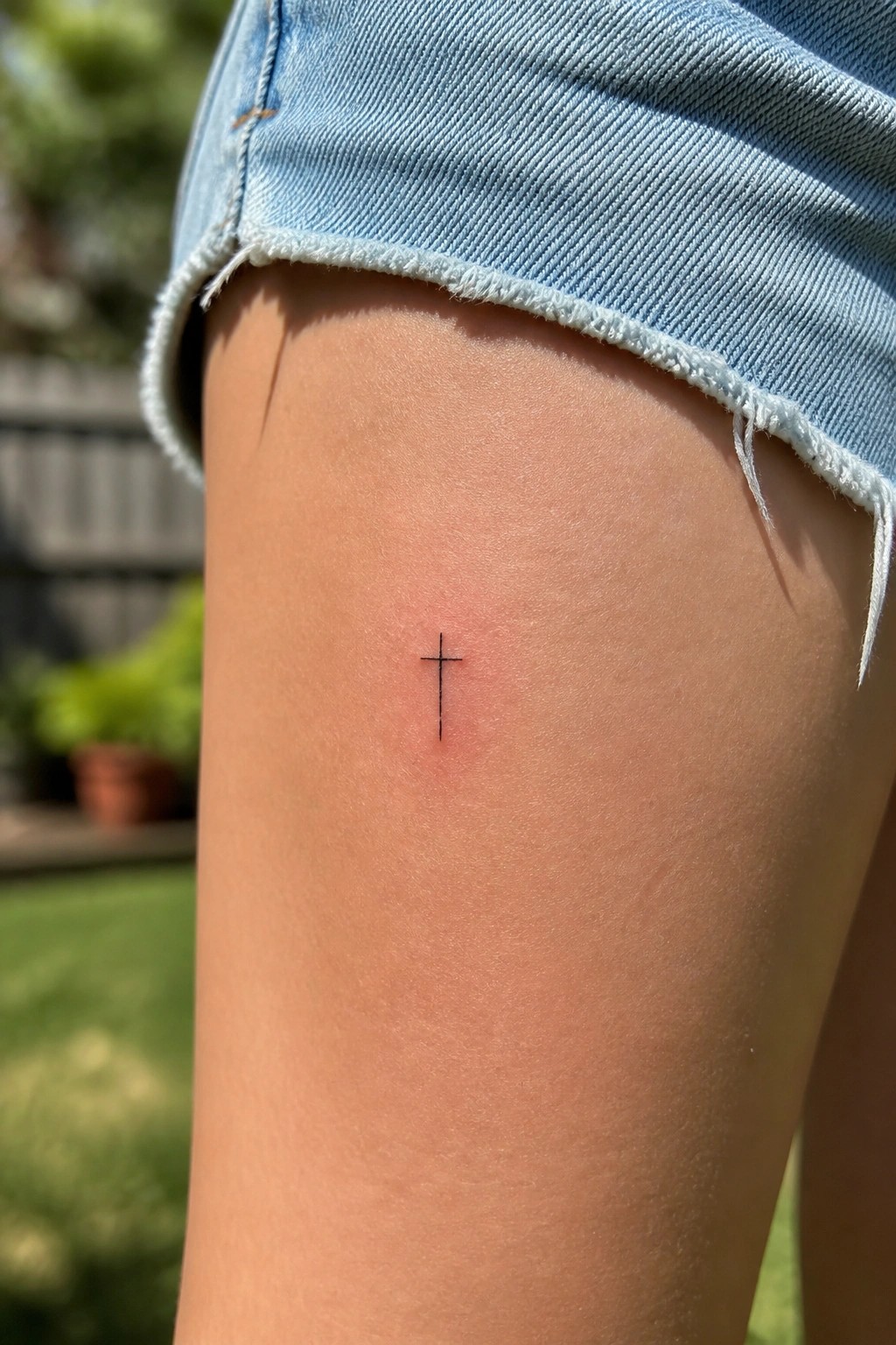Small black cross tattoo on thigh under frayed light blue denim shorts