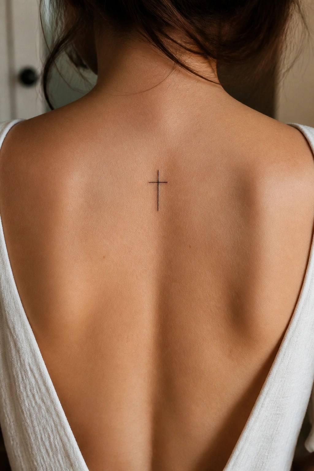 Woman's upper back with small black cross tattoo above white low-back dress.