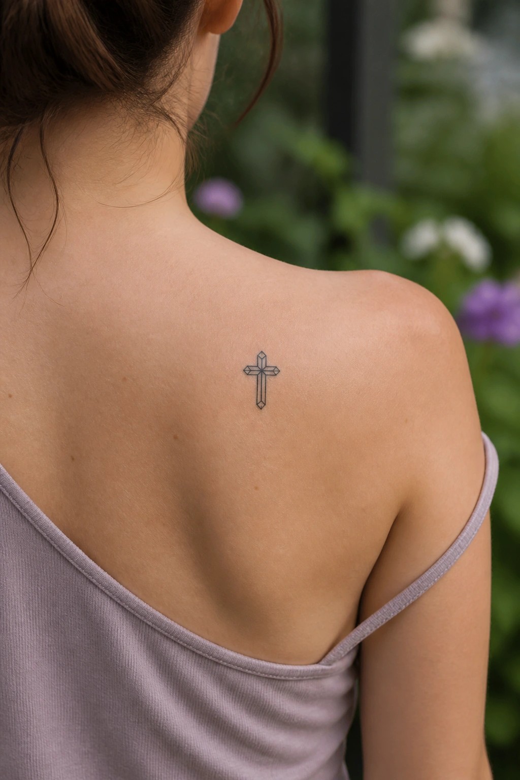 Small geometric cross tattoo placed on the upper back near the shoulder blade