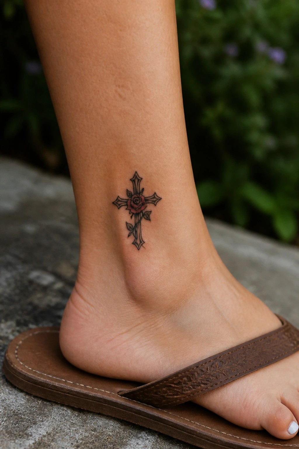 Cross and rose tattoo on ankle above brown leather sandal on foot