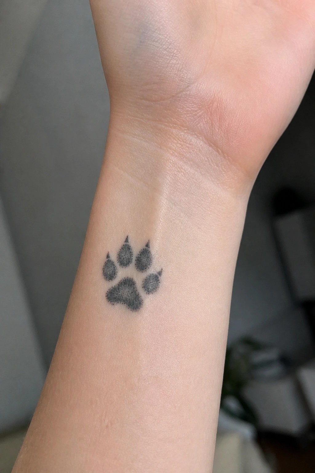 Black paw print tattoo on the inner wrist of light skin.