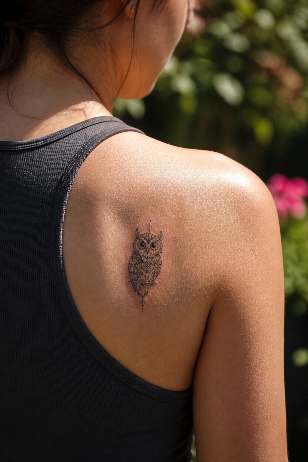 Small fine line owl tattoo on the upper shoulder of a person wearing a tank top outdoors