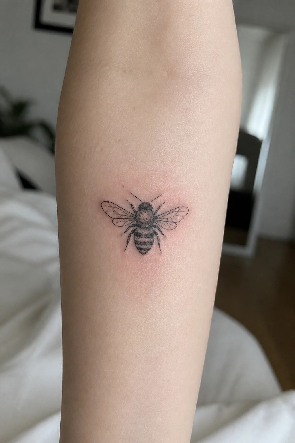 Detailed black-and-gray bee tattoo on light-skinned forearm.