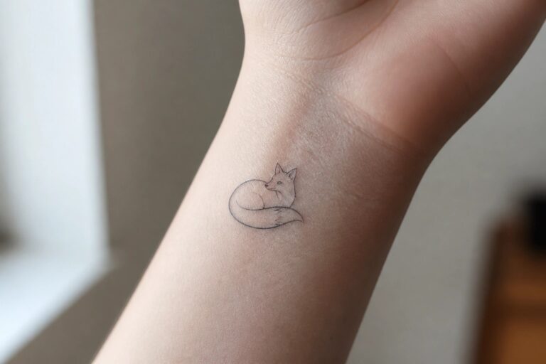 19 Unique Tiny Animal Tattoos That Stay Delicate and Timeless Small fine line fox tattoo on the inner wrist in a sitting pose