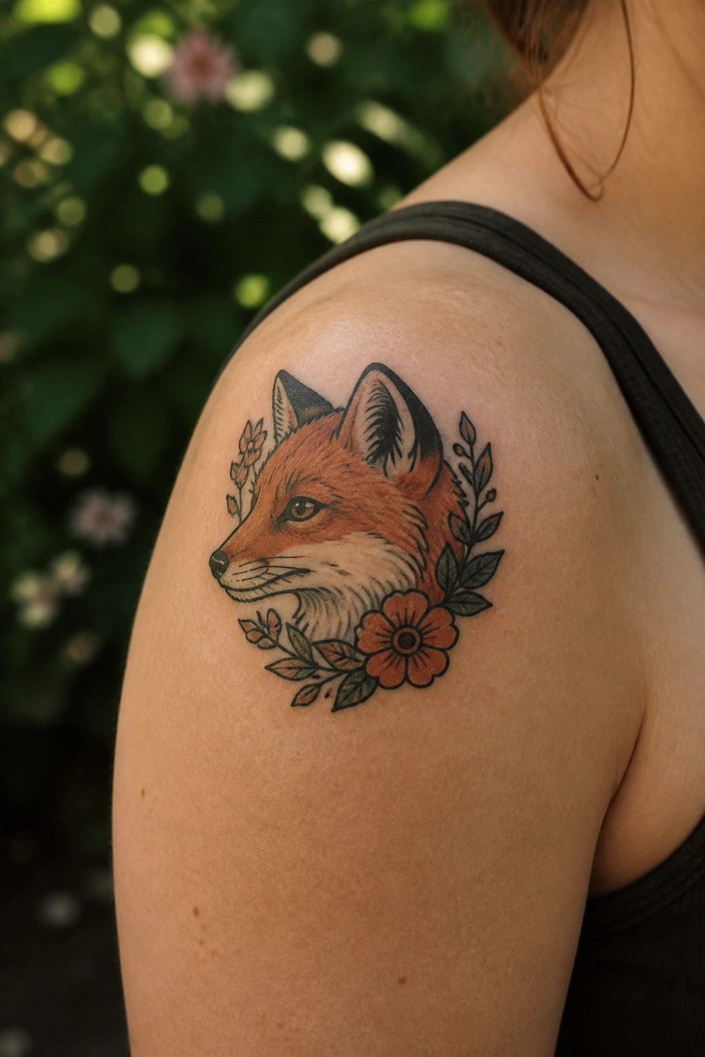 Small fox head tattoo in profile on the upper arm with surrounding flowers and leaves in orange and black ink.
