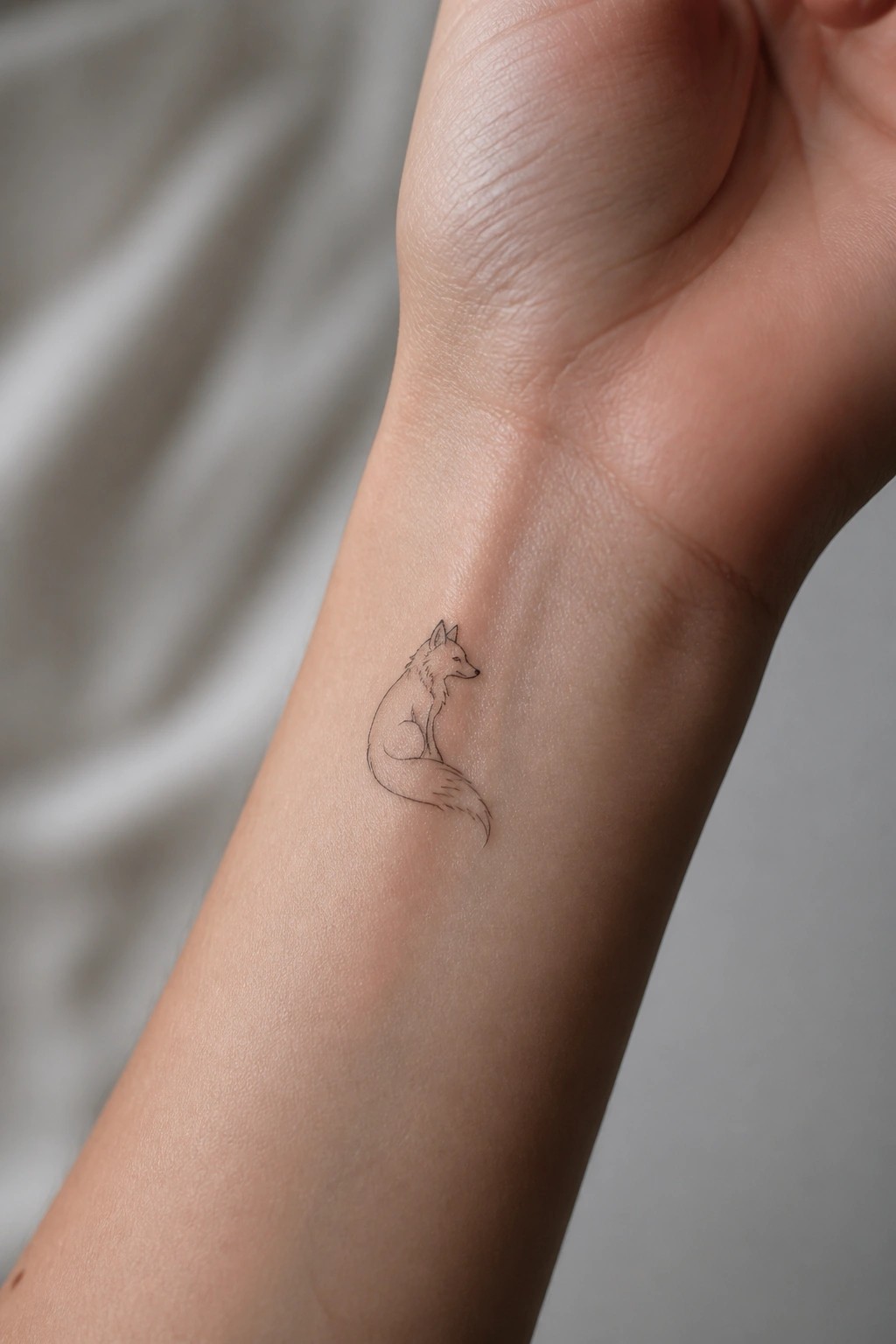 Small fine line fox tattoo on the inner wrist in a sitting pose