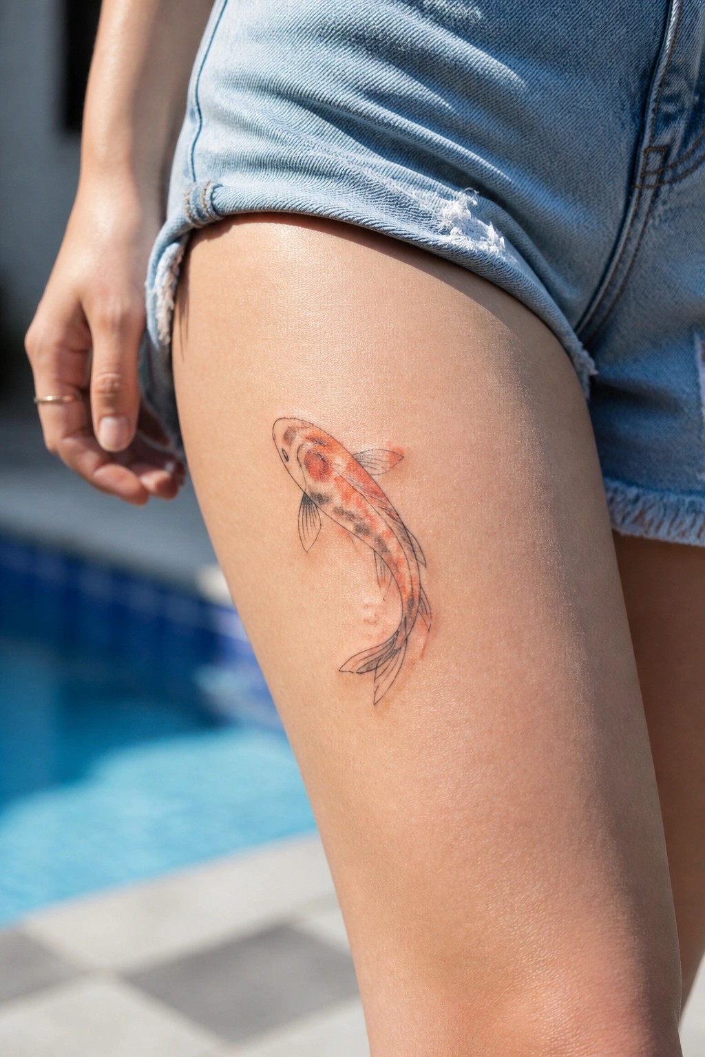 Small watercolor koi fish tattoo on the upper thigh with soft orange shading and fine black lines