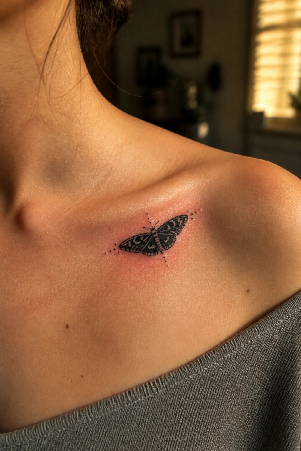 Fresh black moth tattoo on shoulder with dotted lines and slight redness.