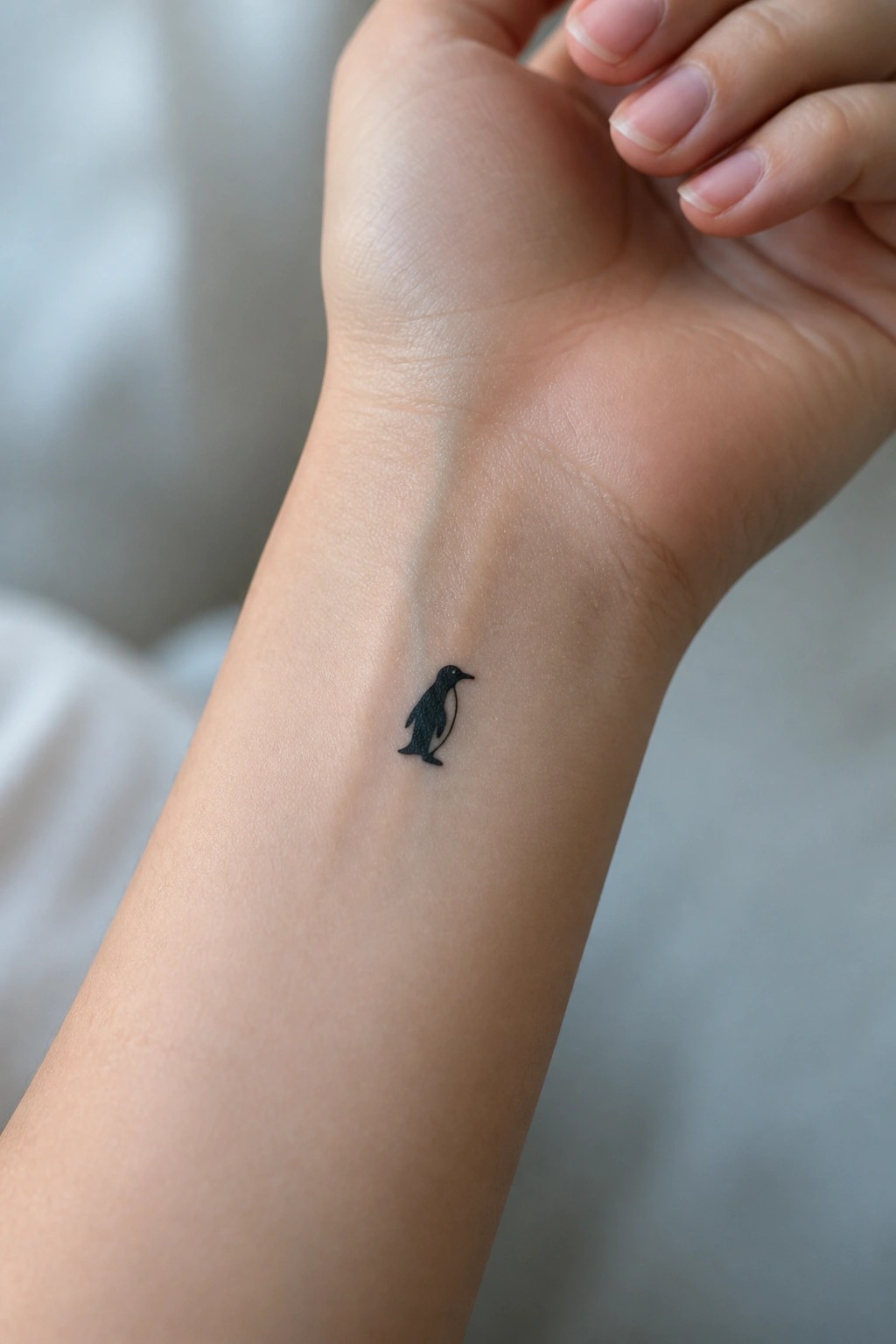 Small black penguin tattoo on light-skinned inner wrist with curled fingers above