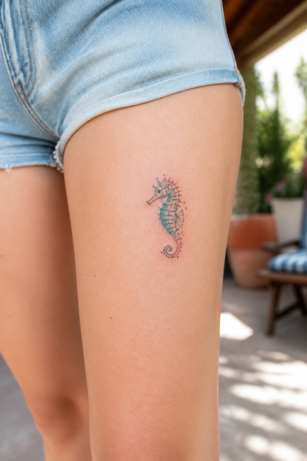 Colorful seahorse tattoo on thigh beneath light blue denim shorts