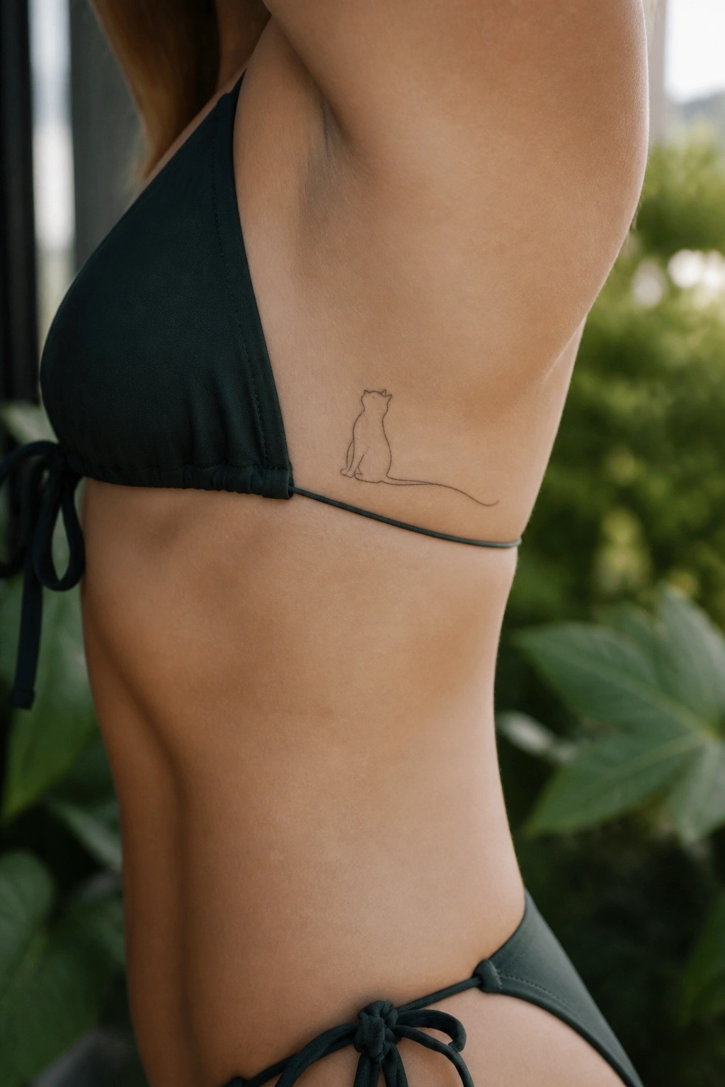 Woman's torso in dark green bikini with minimalist cat tattoo on ribs