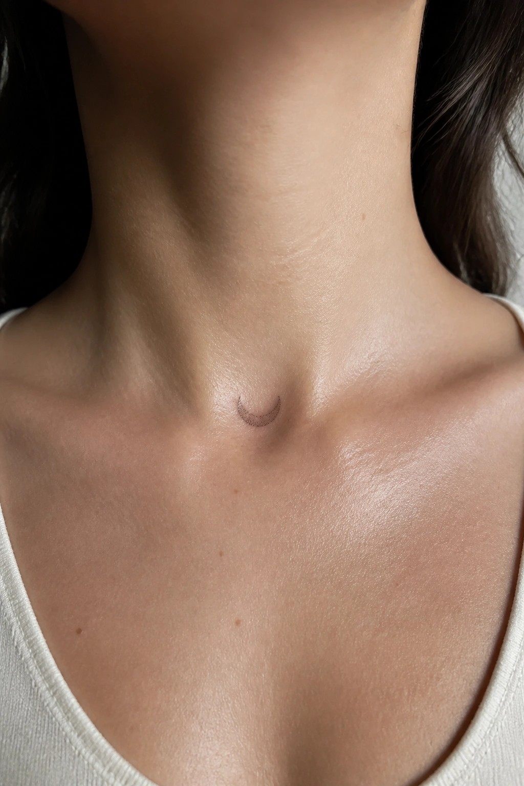 Small dotted crescent moon tattoo centered on light-skinned neck with white top