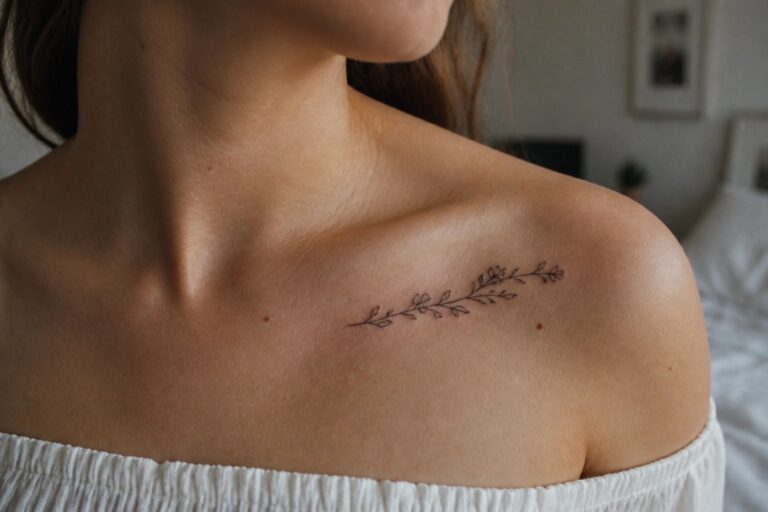 Bare shoulder with delicate black leafy branch tattoo above black strapless top