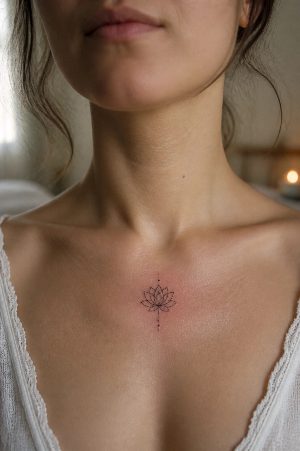 Minimalist lotus tattoo on woman's upper chest above white lace-trimmed top