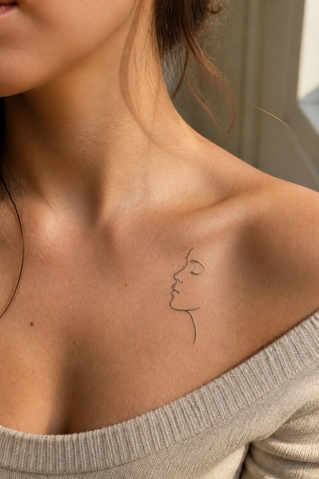Minimalist line-art face tattoo on collarbone above beige off-shoulder sweater.