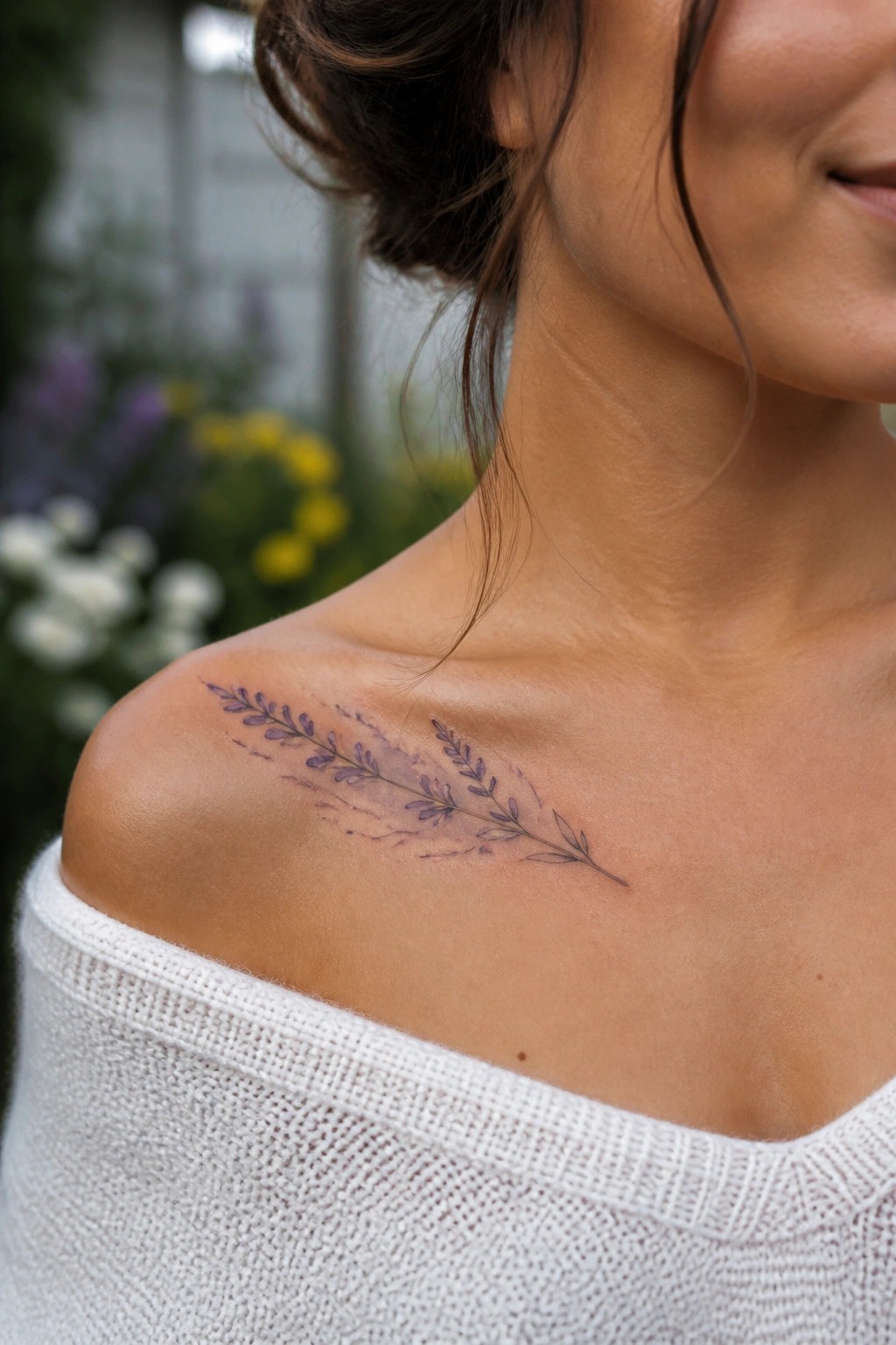 Woman's shoulder with purple lavender tattoo above white off-shoulder knitted sweater.