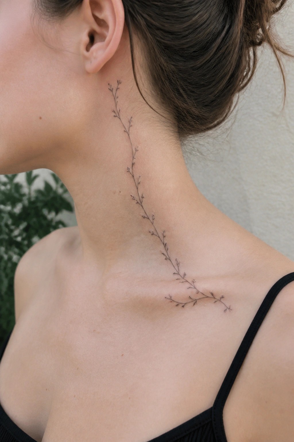 Woman's neck with delicate branch tattoo above black spaghetti strap top