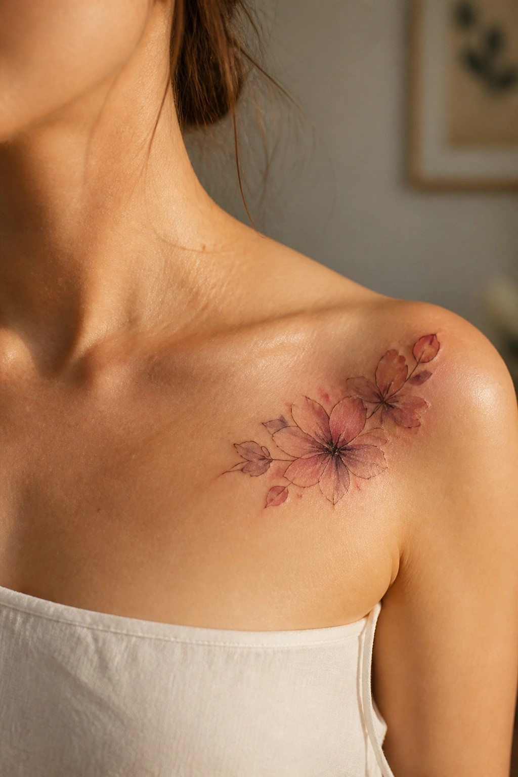 Woman's shoulder with pink floral tattoo above white strapless top