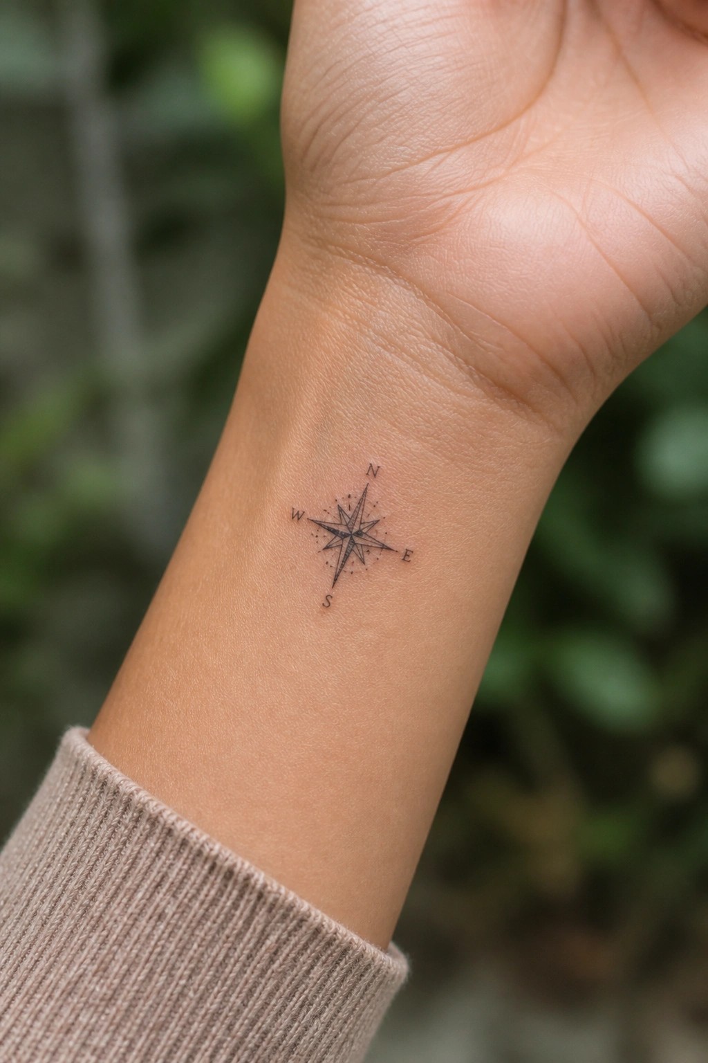 Black compass rose tattoo on wrist above beige ribbed sweater cuff, blurred greenery background