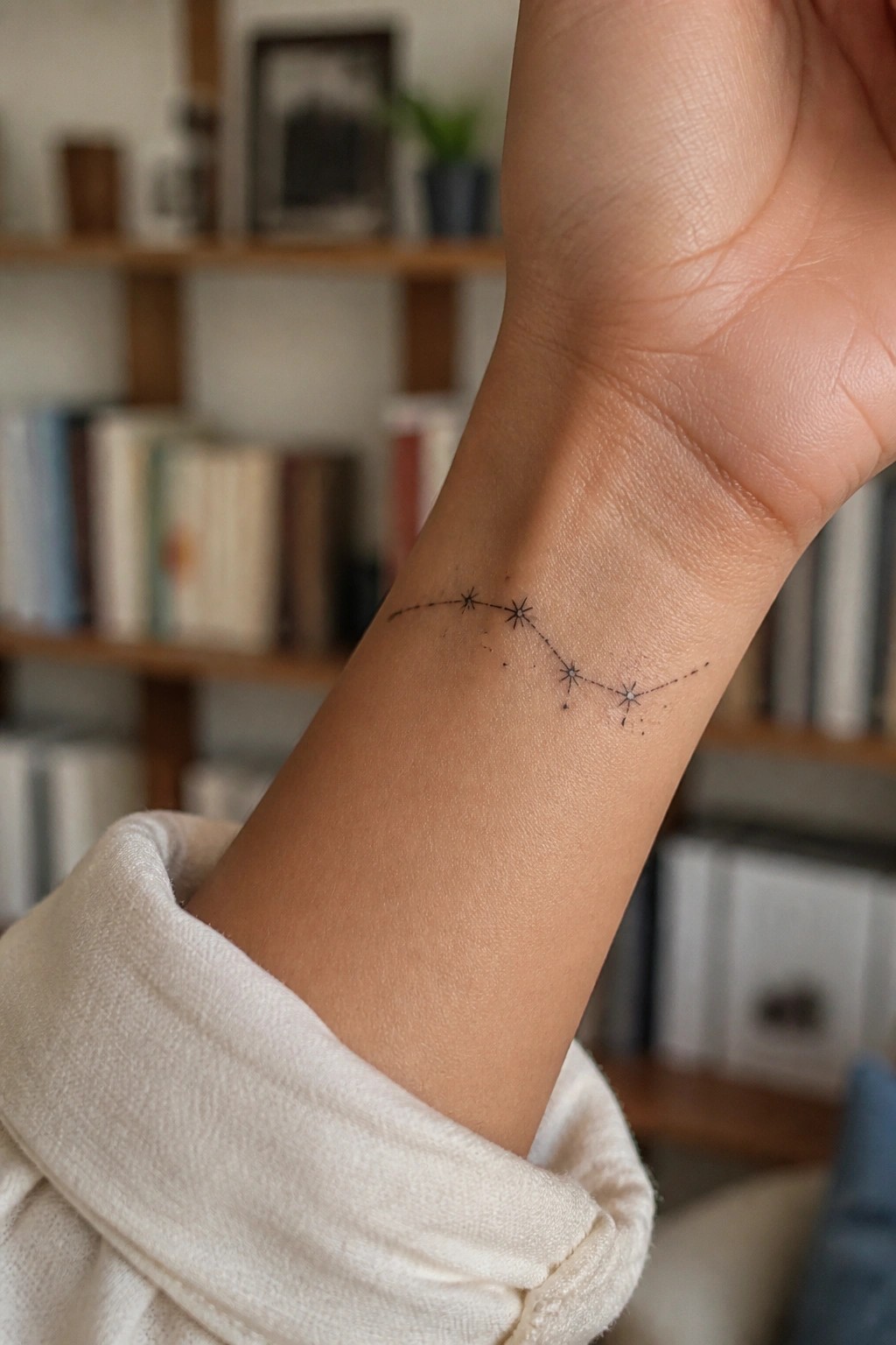 Wrist with constellation star tattoo emerging from white textured sleeve, blurred bookshelves behind.