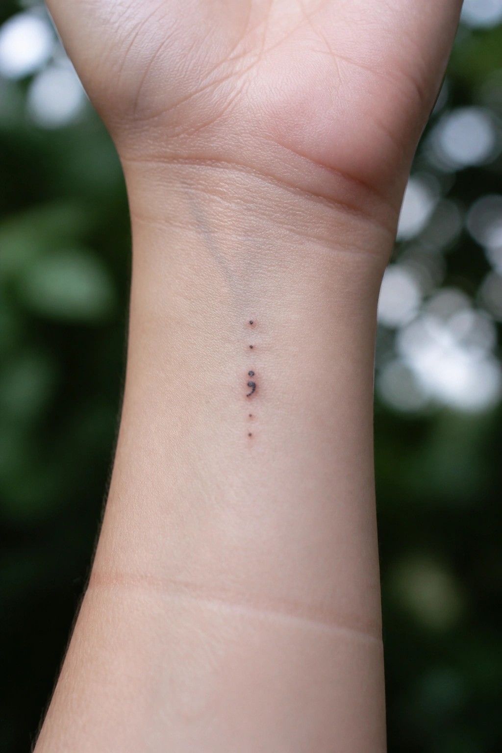 Close-up of pale wrist with small vertical black semicolon tattoo.