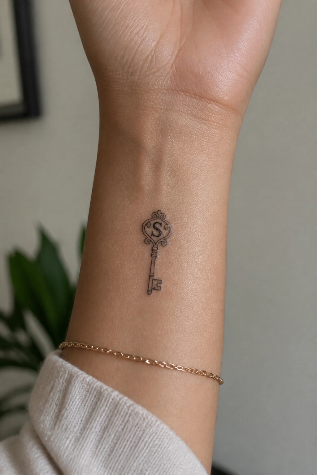 Small fine line key tattoo with an ornate top and the letter S on the inner wrist