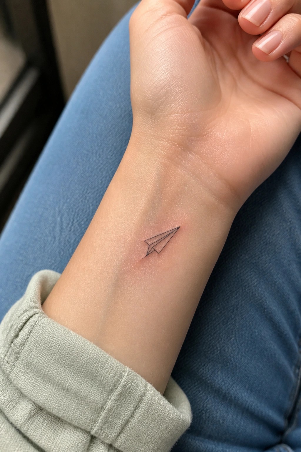 Fine line paper airplane tattoo on the inner wrist of a light skinned arm resting on blue fabric.