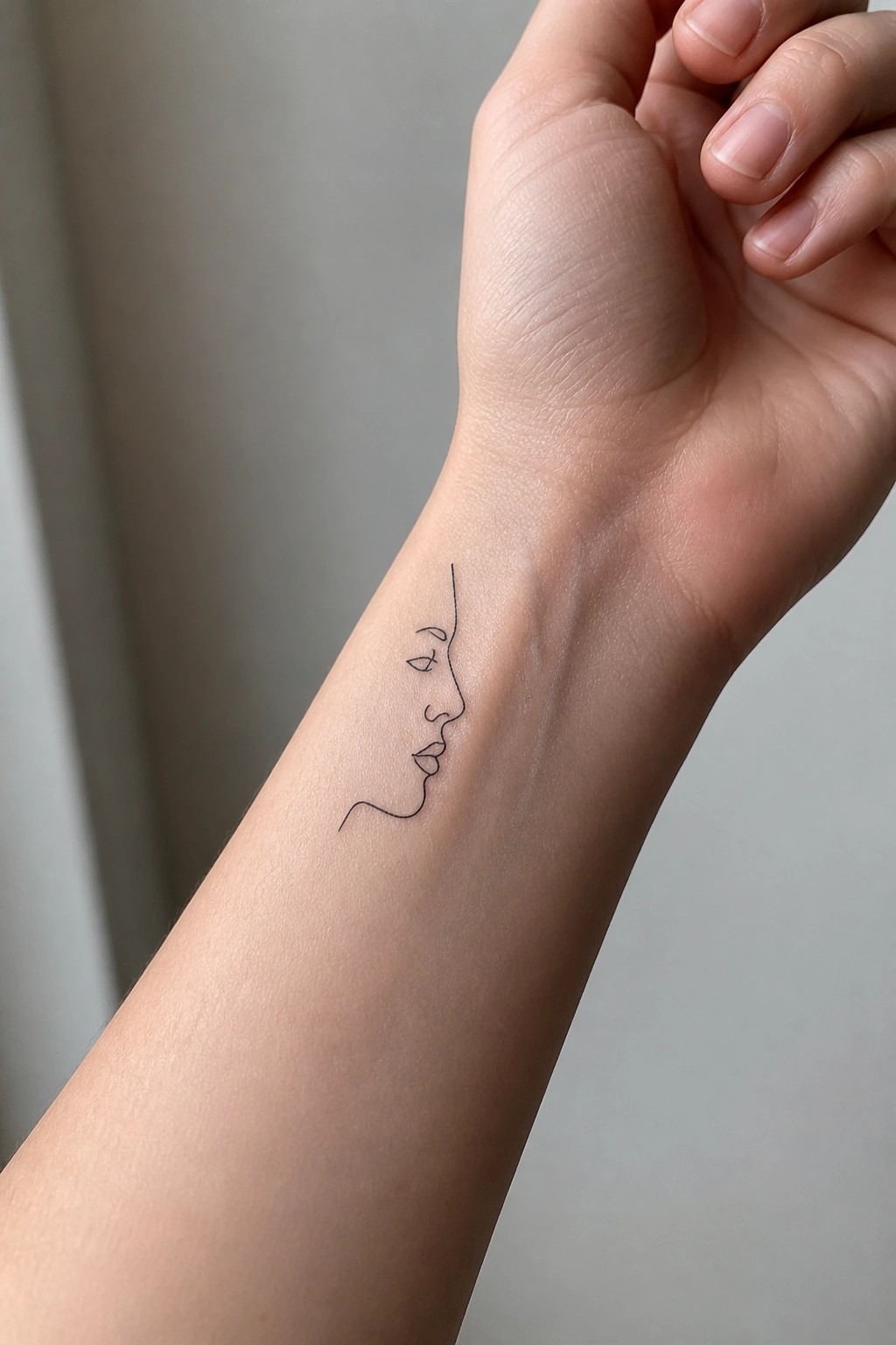 Minimalist black line tattoo of woman's profile on light-skinned wrist