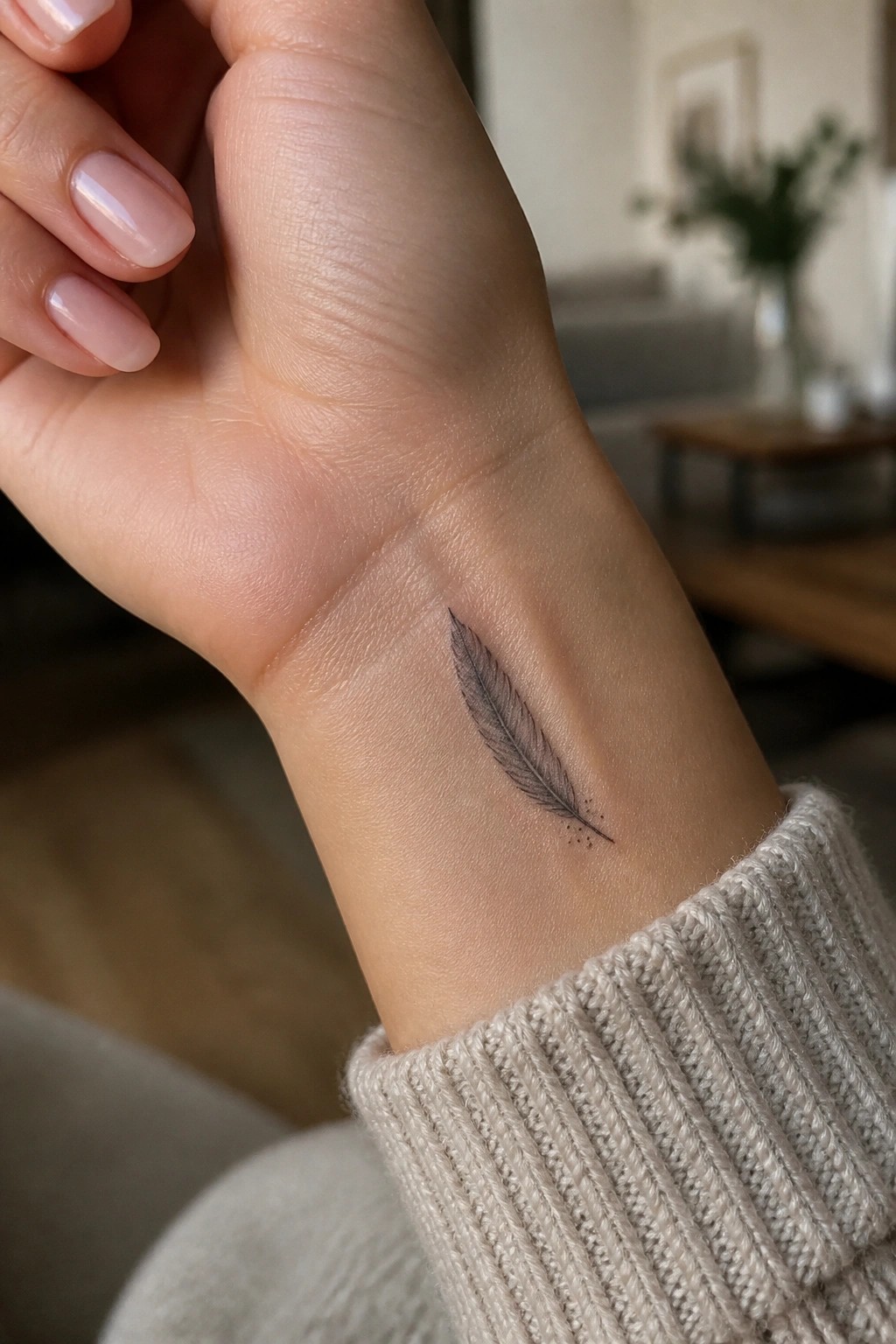 Wrist with delicate feather tattoo, pink manicured nails, and beige knit sweater cuff.