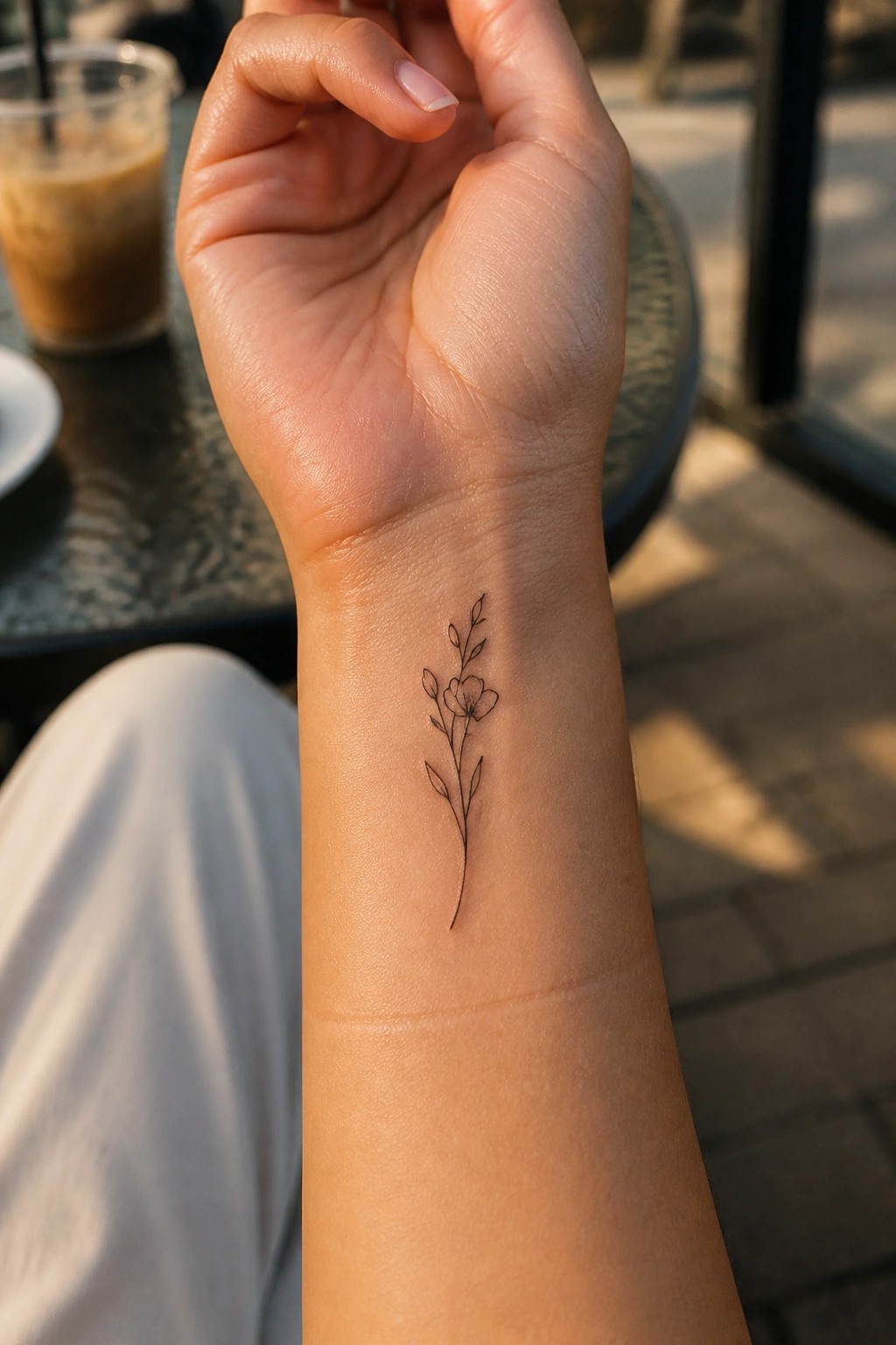Fine line floral tattoo with a single flower and stem on the inner wrist of a woman sitting at a cafe table