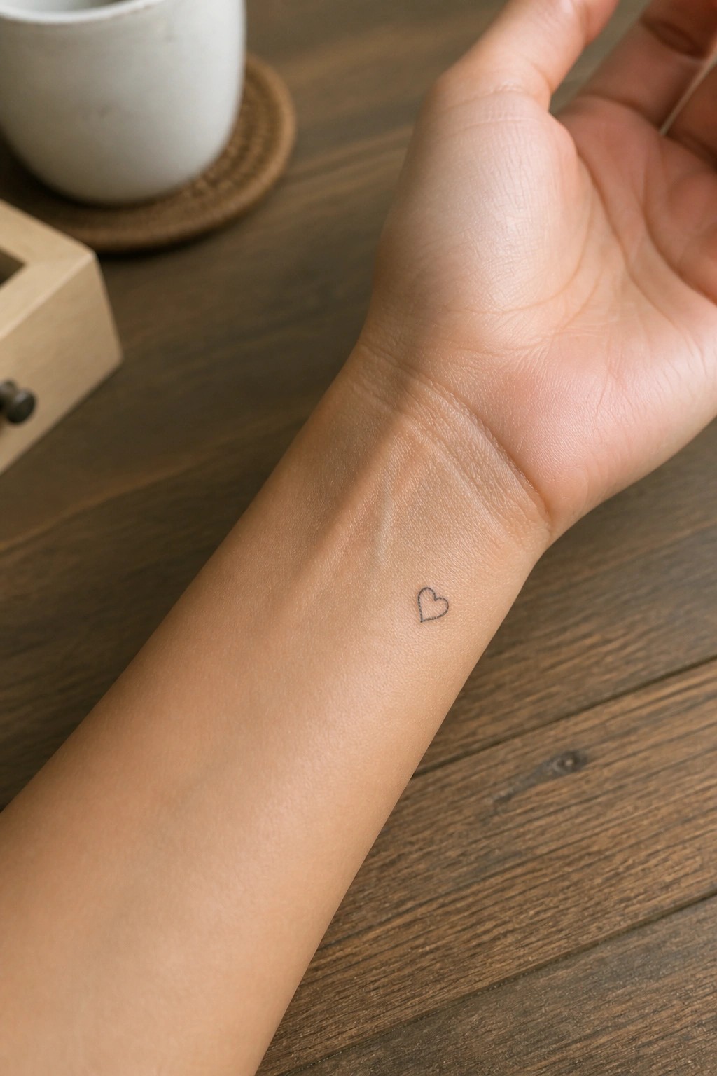 Small fine line heart tattoo on the inner wrist of a hand resting on wood