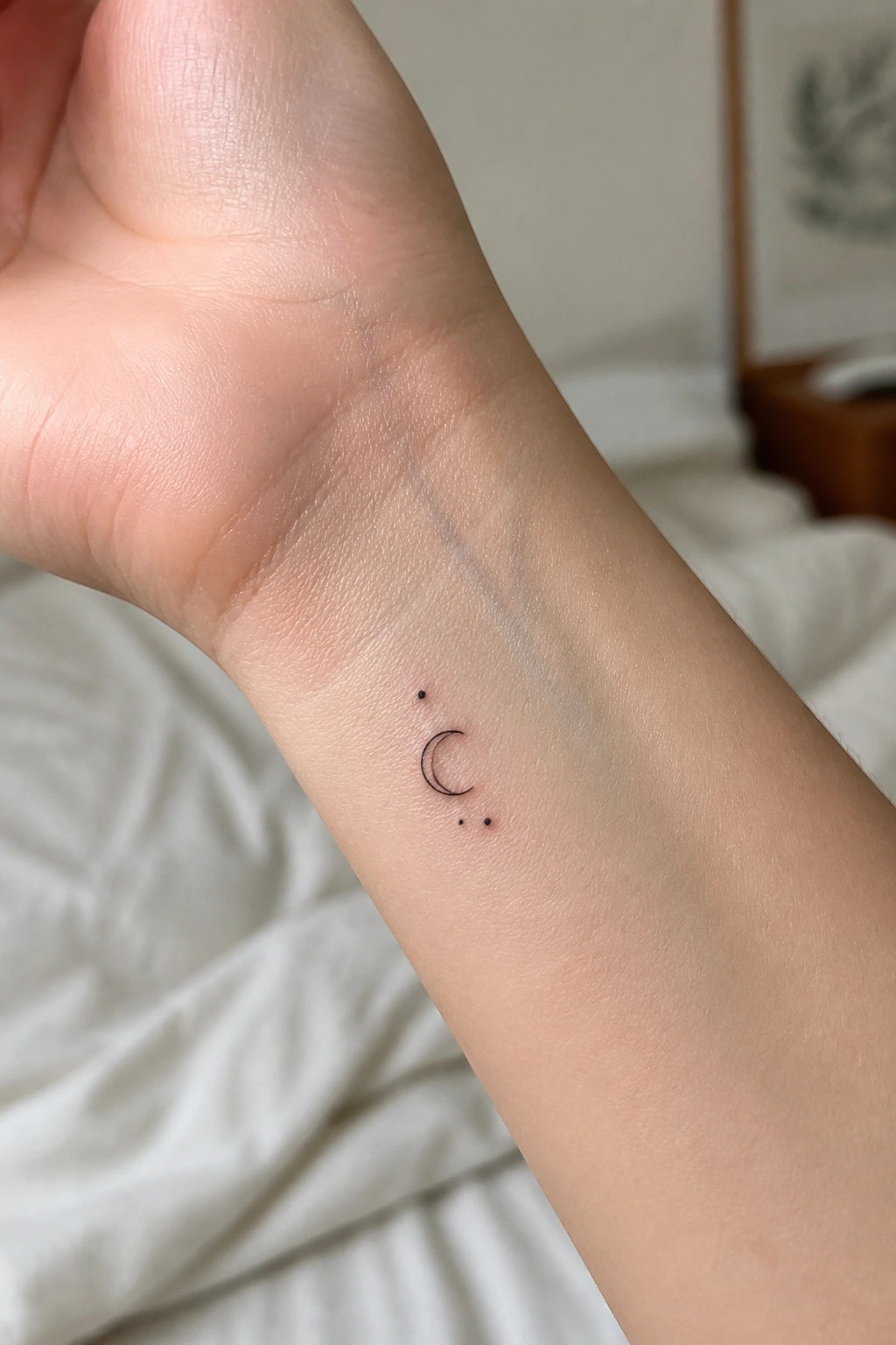 Delicate black crescent moon tattoo with dots on light-skinned wrist over white sheets.