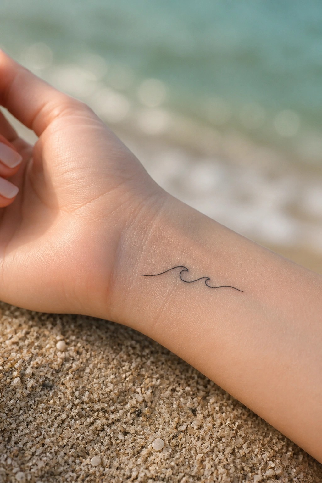 Small fine line wave tattoo placed horizontally on the inner wrist.
