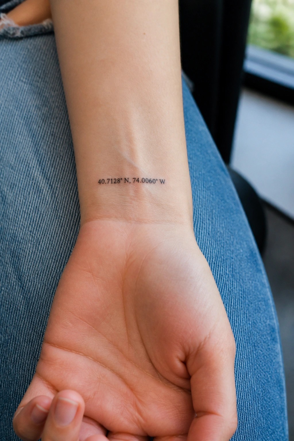 Small black coordinate tattoo on the inner wrist showing latitude and longitude numbers in a minimalist font.