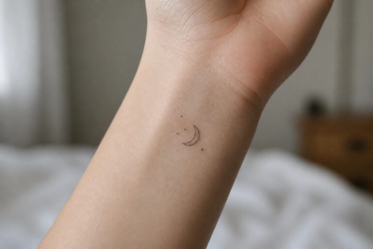 20 Beautiful Wrist Tattoos for Women That Feel Dainty and Personal Delicate black crescent moon tattoo with dots on light-skinned wrist over white sheets.