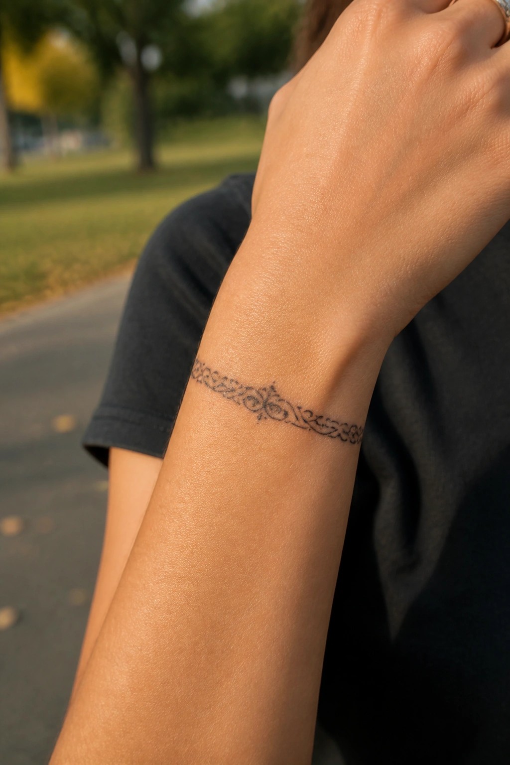 Intricate black ornamental tattoo on wrist above dark gray t-shirt sleeve