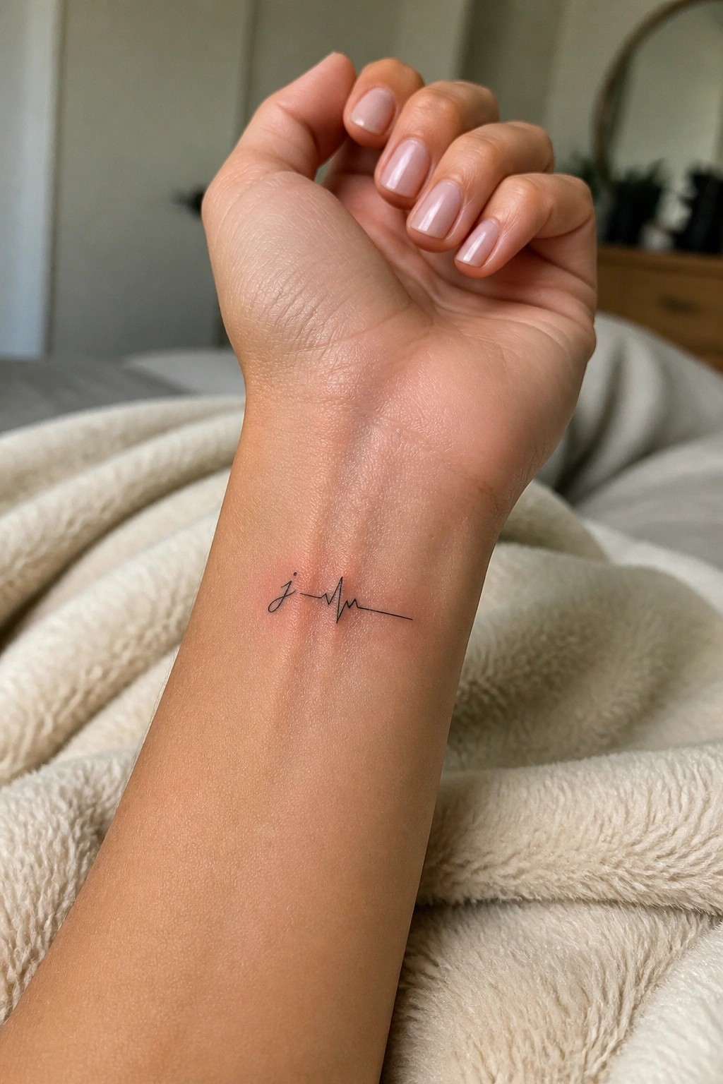 Clenched hand with pink nails and heartbeat tattoo on inner wrist over beige blanket
