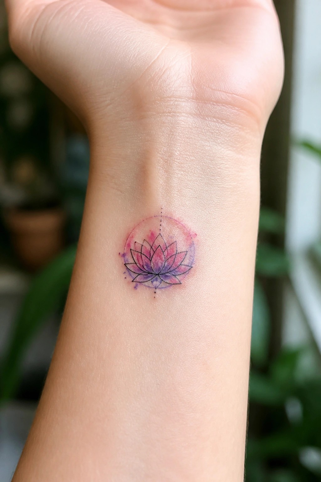 Watercolor pink-purple lotus tattoo inside dotted circle on wrist