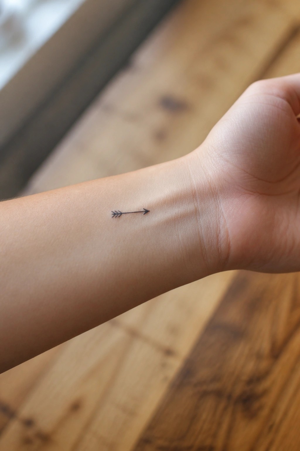Minimal fine line arrow tattoo on the inner wrist