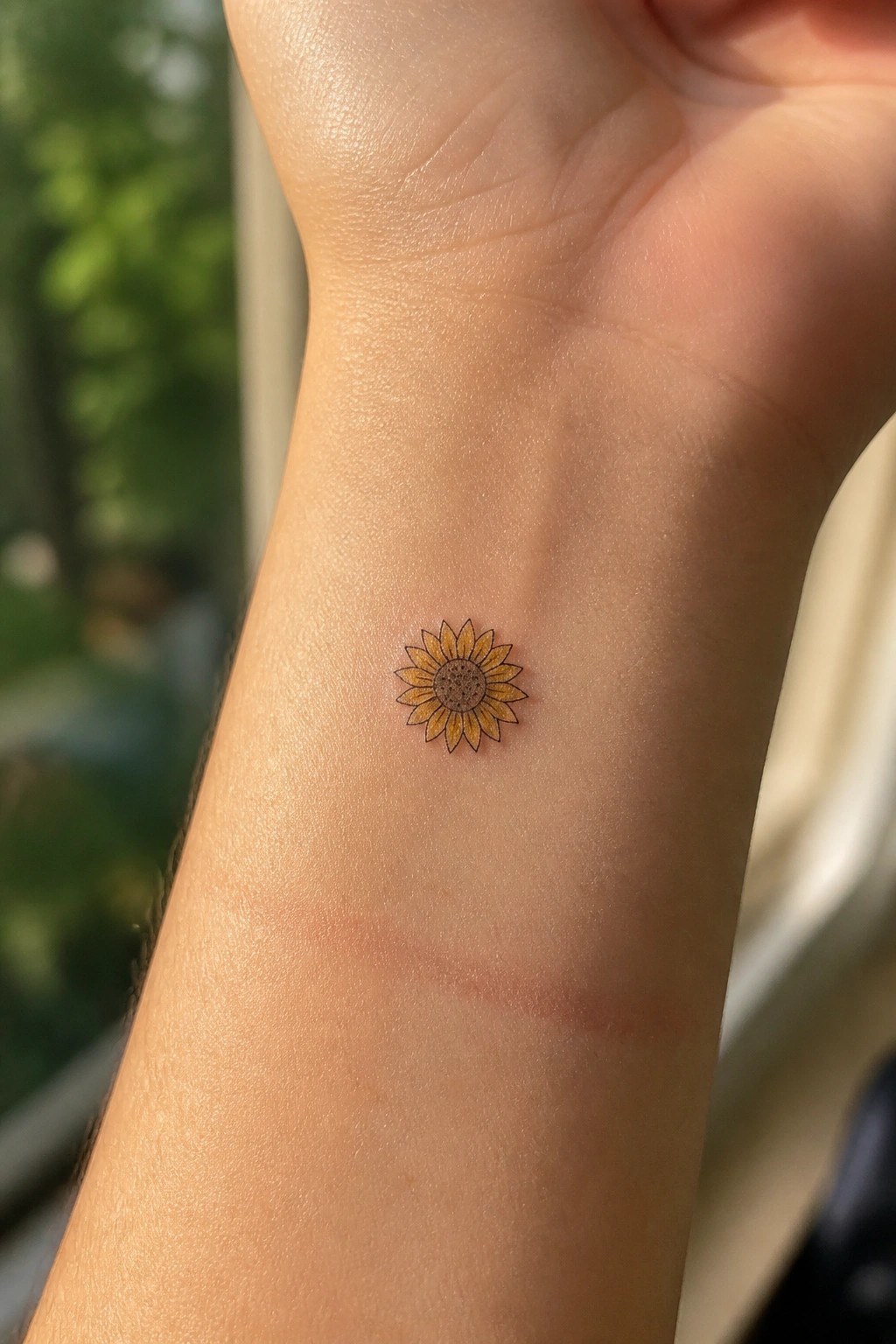 Small sunflower tattoo on the inner wrist with yellow petals and shaded center in fine line style