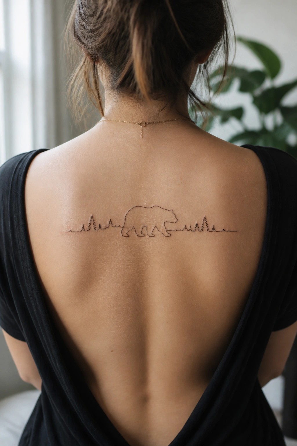 Woman's back with black top, gold necklace, and bear-trees line tattoo.